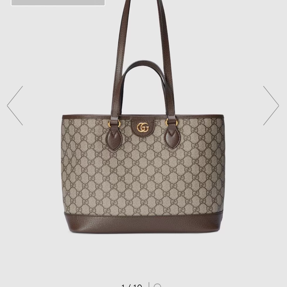 Gucci Beige GG Canvas Tote with Brown Leather Trim and Gold Hardware
